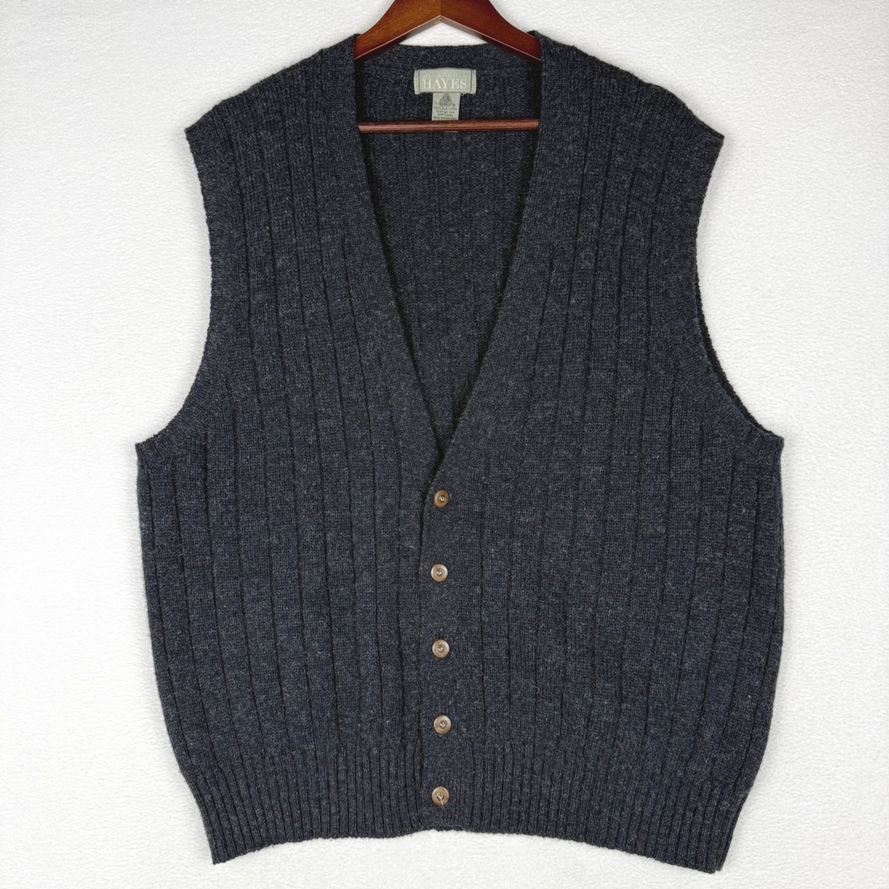 Vtg Christopher Hayes Cardigan Vest Mens XL Grey Ribbed Shetland Pure Wool